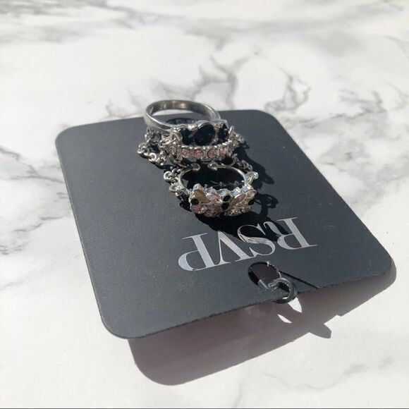 2/$20 Silver Black Rhinestone Diamante Diamond Stone Jewel Gem 3 Ring Set - Picture 3 of 4